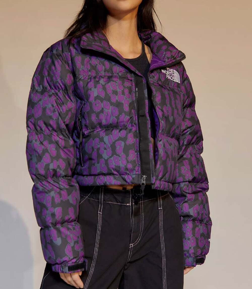 The North Face Purple Leopard Nuptse Cropped Puffer Jacket Small